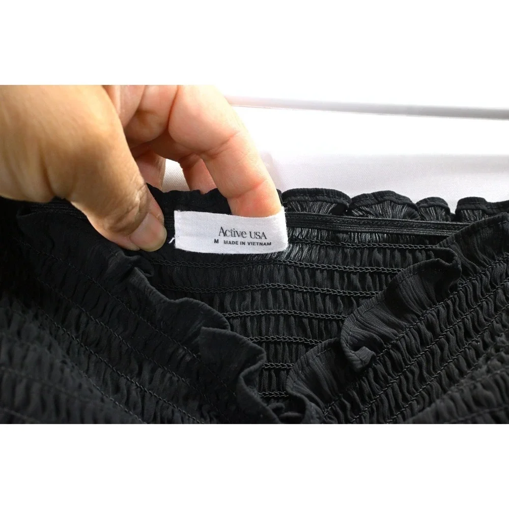 Active USA Black Smocked Crop Top Puff Sleeve Ruched Tie Front Blouse M Y2K Sexy